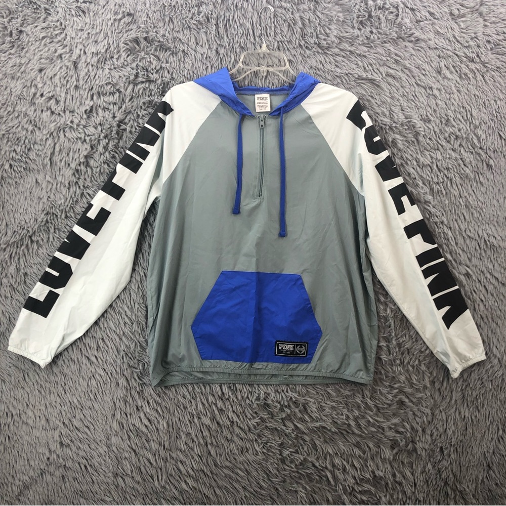 Pink Victorias Secret Windbreaker Womens XS Pullover 1/4 ZIP Gray Blue